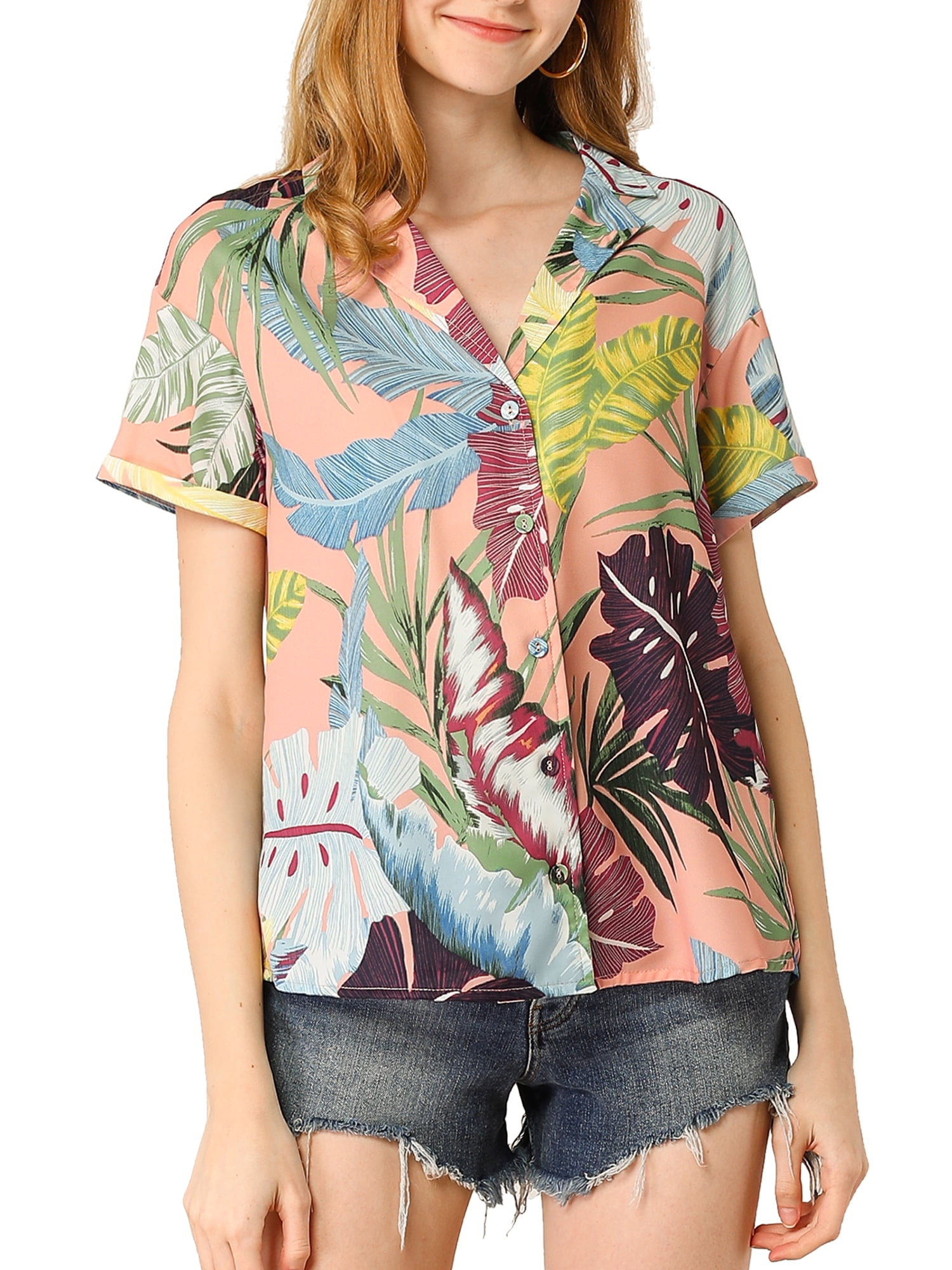 DARING DIVA Floral Leaves Print Short Sleeve Beach Top L Pink