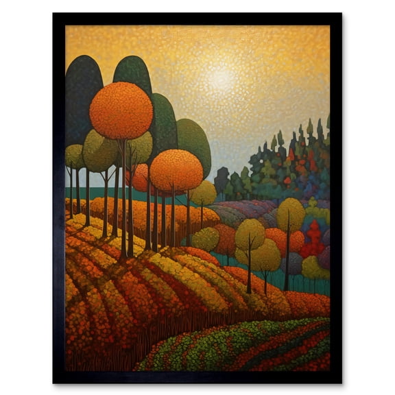 Autumn Fields Pointillism Painting Amber Orange Green Countryside Landscape Art Print Framed Poster Wall Decor 12x16 inch