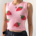 thumbnail image 3 of PENGXIANG Pull Décontracté pour Femmes Pull-Over Uni Imprimé Fraise Côtelé Sans Manches, 3 of 7