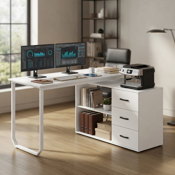 Resenkos 55 Inch Reversible Desk with 3 Drawers, L Shaped Desk with Adjustable Shelf and Charging Station for Home, Office , White