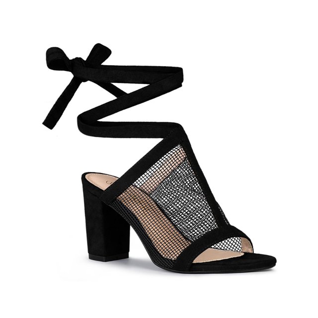 BLISSFUL STEP Women's Mesh Block Heeled Lace Up Sandals