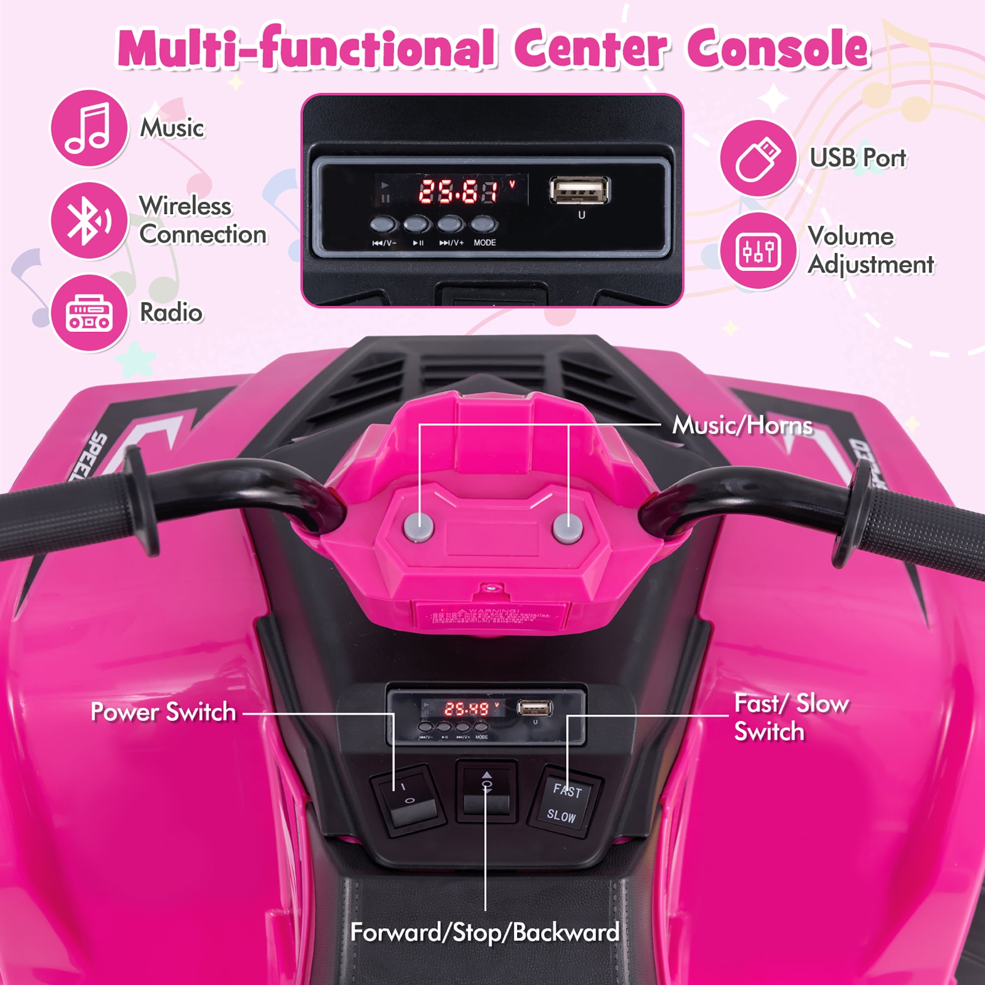 Gymax Kids Ride-On ATV 24V Battery Powered Electric Vehicle w/ Wireless Connection Music Radio Pink