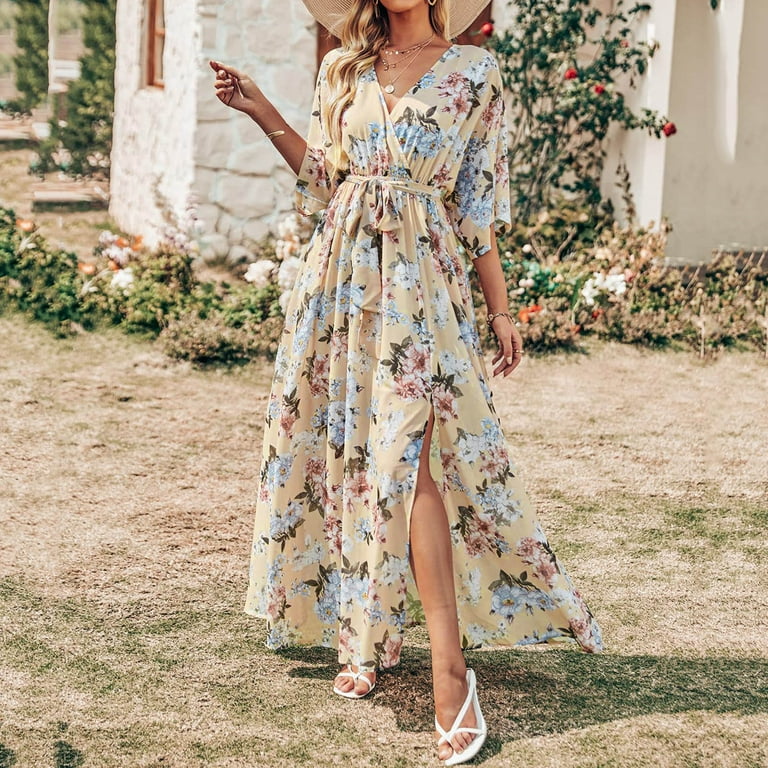 Clearance-Sale Summer Dresses for Women 2023 Short Sleeve Printing Floral  Pattern Dress V-Neck Midi Split Fit And Flare Daily Casual Elegant Vintage