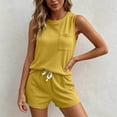 thumbnail image 2 of FINALGANG Womens Waffle Knit Two Piece Outfit Crew Neck Sleeveless Tank Top With Pocket Drawstring Waist Shorts Casual Matching Set For Loungewear Daily Wear Versatile Set, 2 of 4