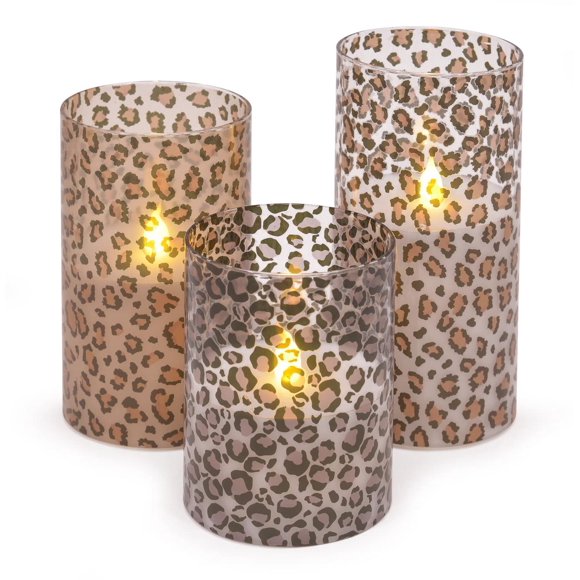 Velas LED de Vidrio Mark Feldstein & Associates Leopardo Salvaje sin Llama Juego de 3