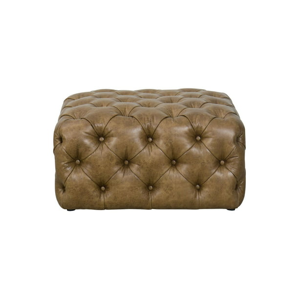 Homepop Large Square Tufted Ottoman, Light Brown Leather Ottoman