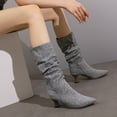 thumbnail image 2 of Rokment Slouchy Stiletto Wide Mid Calf Dress Boots for Women Fashion Casual Denim Leather Pointed Toe Kitten Heel Long Tall Boots Winter Spring Gray Size 6, 2 of 5