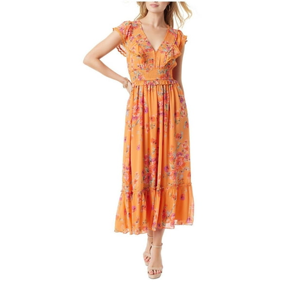 Jessica Simpson Robe à Volants Florale Phillipa pour Femmes, Orange, Grand