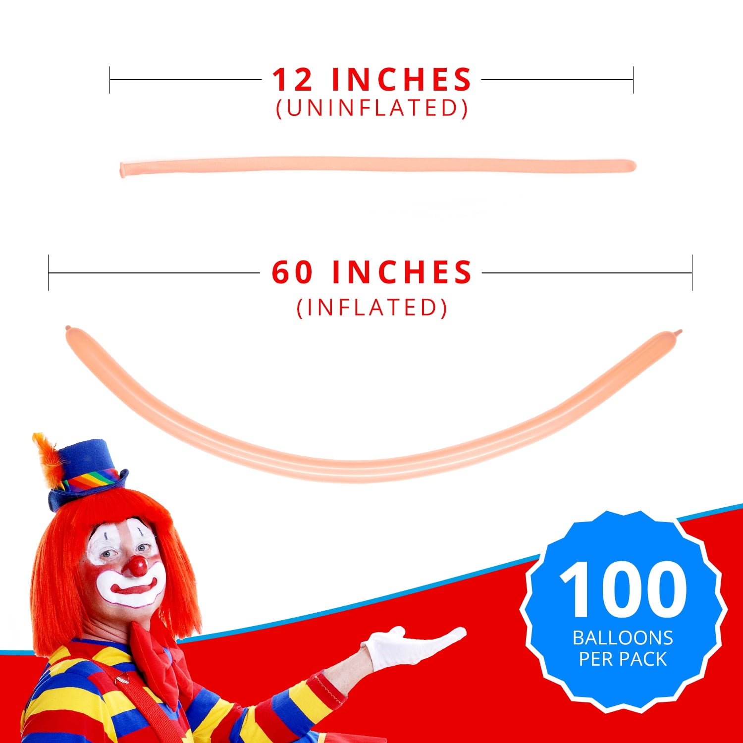 Clownatex 260 Long Twisting Blush Balloons (100 pcs) for Balloon Animals, Latex Twisting Animal Shape Modeling Long Magic Balloons for Kids Party, Clowns, Birthdays, Weddings