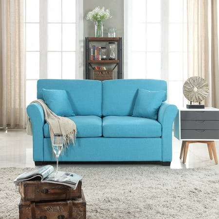High Supply Classic and Traditional Ultra Comfortable Linen Fabric Loveseat - Living Room Fabric Couch (Blue)