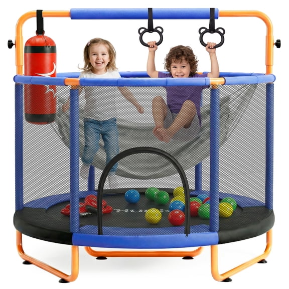 Hurtle 55" Kids Trampoline with Safety Enclosure – Indoor/Outdoor Toddler Trampoline with Adjustable Gymnastics Bar, Swing, Boxing Bag & Rings, 440 lbs Capacity