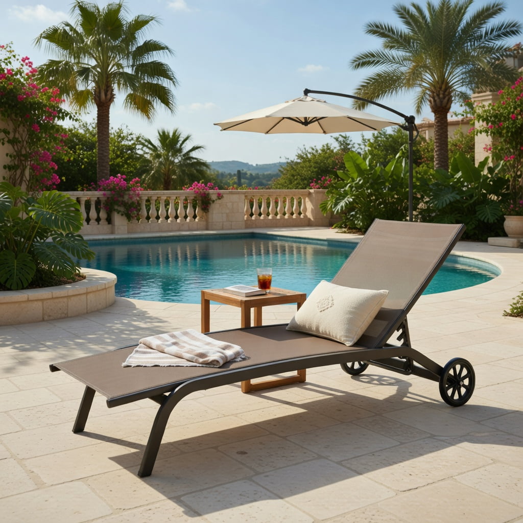 Hommoo 6-Position Adjustable Outdoor Chaise Lounge Chair with Smooth-Rolling Wheels, for Patio, Poolside & Backyard, Brown
