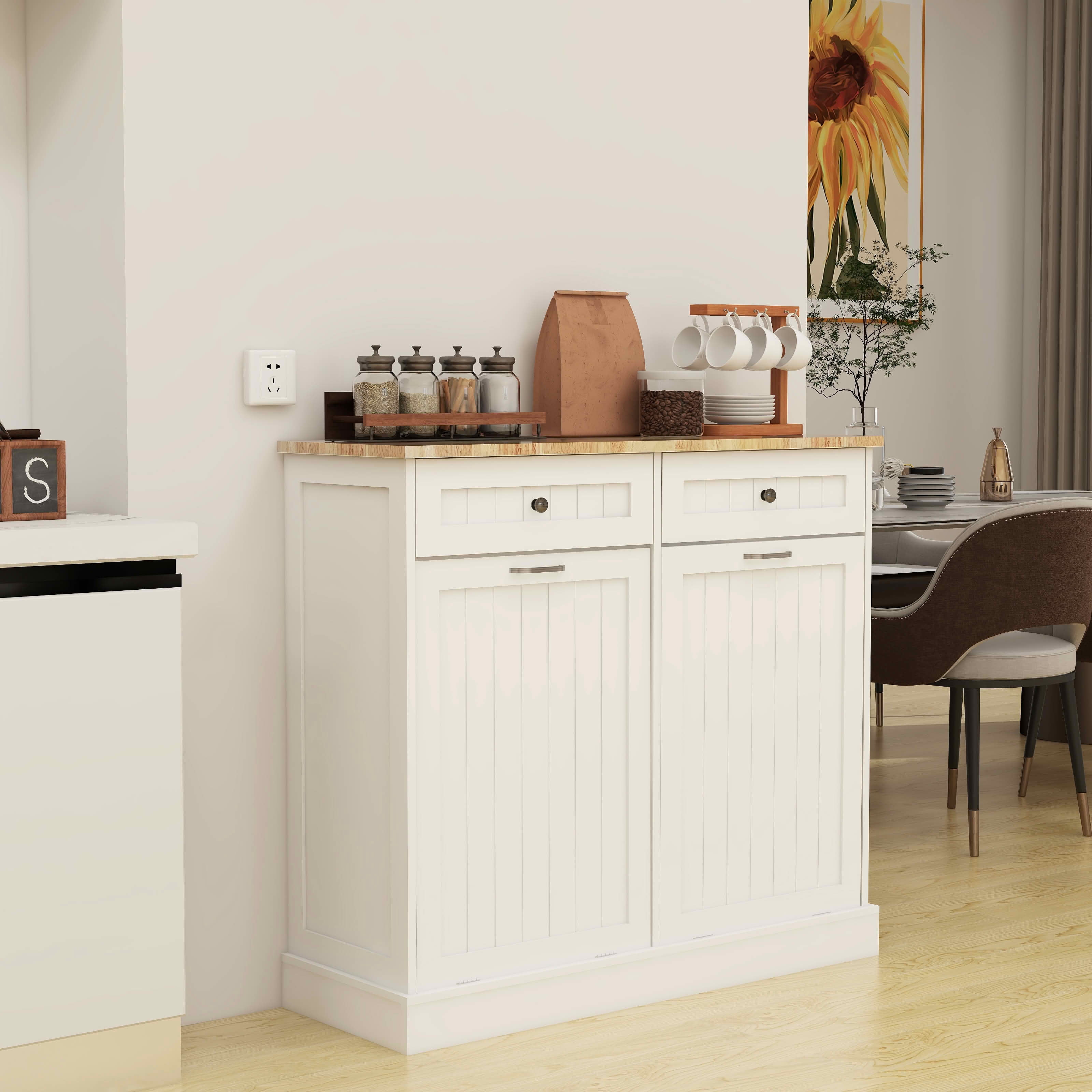 MAYEERTY Two Drawers Two-Compartment Tilt-Out Trash Cabinet for Kitchen White
