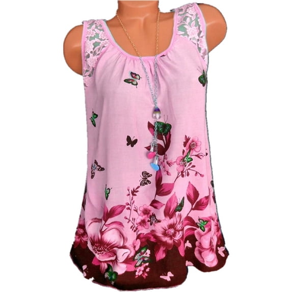 UHNDY Women Sleeveless Lace Stitching Women Butterfly Print Chiffon Blouse,Pink,3XL