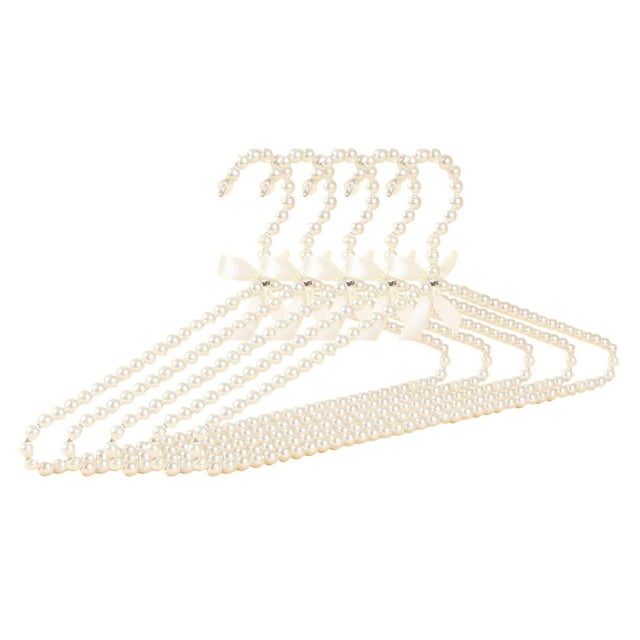 Matsuzay Juego de 5 perchas esenciales para ropa de adultos para bodas con perlas artificiales y detalle de lazo. Almacenamiento y organización del hogar Percha de ropa blanca