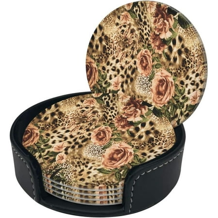

Round Coaster Set of 6 with Holder 3D-Striped-Leopard-Flower Leather Coasters for Drinks
