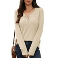 thumbnail image 2 of Sexlip Womens Long Sleeve Shirts Fall Henley Casual Fitted Cotton Tops Ribbed Fashion Basic Outfits Dressy Casual Clothing Beige L, 2 of 6