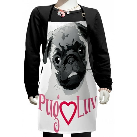

Pug Kids Apron Pug Love Image Grey Toned Drawing of a Dog Pet Animal Fun Bonding Print Boys Girls Apron Bib with Adjustable Ties for Cooking Baking Painting Dark Grey Pink Grey by Ambesonne