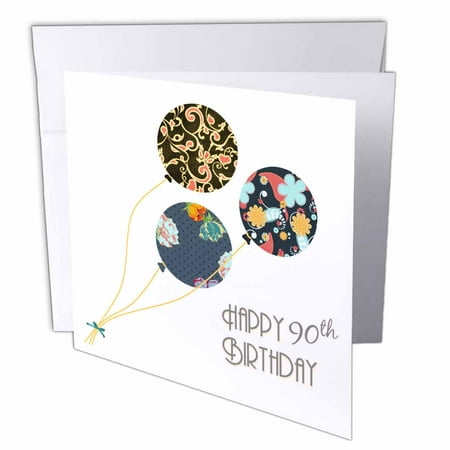 3dRose Happy 90th Birthday - Modern stylish floral Balloons. Elegant black brown blue 90 year old Bday, Greeting Cards, 6 x 6 inches, set of