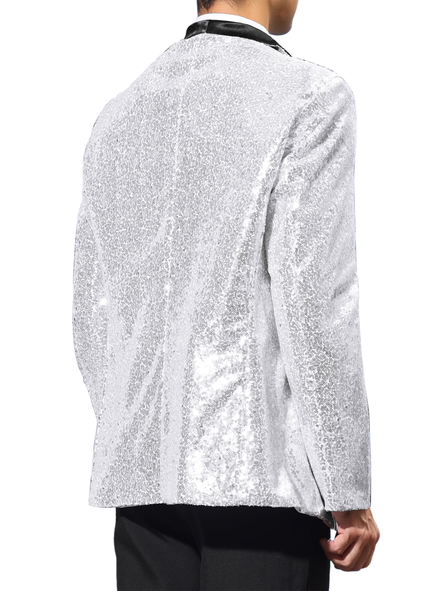 Unique Bargains Men's Sequin Sport Coats Shawl Lapel One Button Wedding Shiny Blazer L Silver