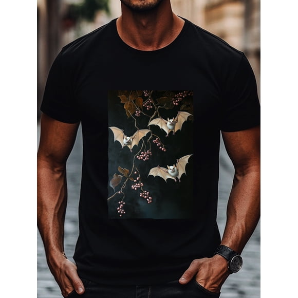 Men' s bat Pattern T- Shirt, Casual Cotton, Machine Washable, Round Neck in Streetwear Fashion Print Shirt Cotton Fabric 180G