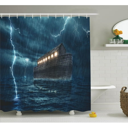 lake house decor shower curtain set old nostalgic wooden boat ship during a rain and lightning storm scary dramatic scene bathroom accessories 69w