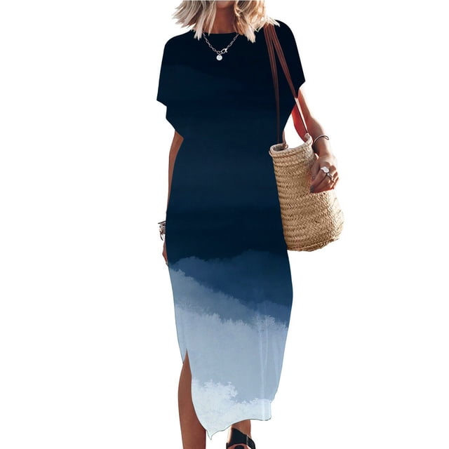 SMihono Robe Maxi Bohème d'Été pour Femmes Grande Taille Robe Maxi pour Femmes Plage Vacances Décontractée Ample Longue Robe Manches Courtes Robes d'Été avec Fente Robe Évasée de Plage