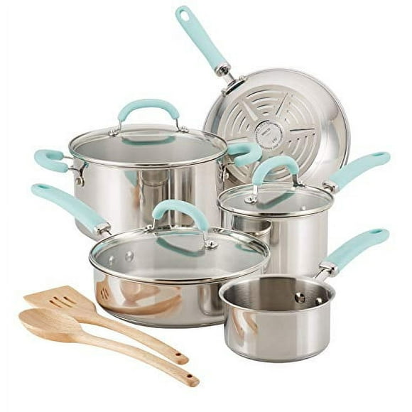 Rachael Ray 70412 Create Delicious Cookware Pots and Pans Set, 10 Piece, Stainless Steel with Light Blue Handles
