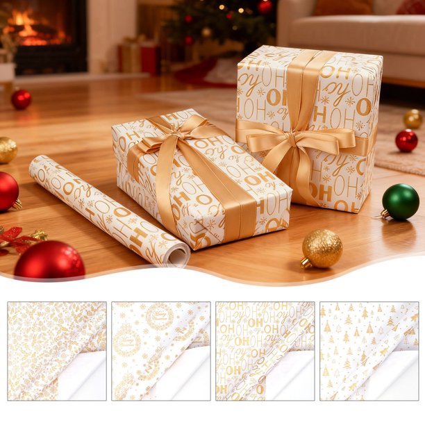 Papel de Regalo Navideño con Detalles Dorados, Rollo de 3 M (118 Pulgadas), 80 G/M² | Elegante Brillo Dorado | Papel Resistente de 80 G/M² | Rollo de 3 M (118 Pulgadas) | Ideal para Navidad, Bodas y