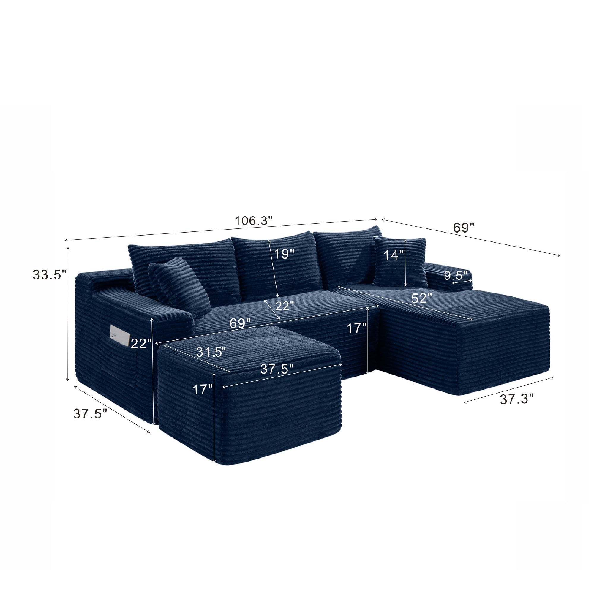 MOONMISS Small Modular Sectional Sofa with Movable Chaise and Ottoman,U-Shaped Boneless Cloud Couch for Living Room Apartment,Blue(Right Facing Chaise)
