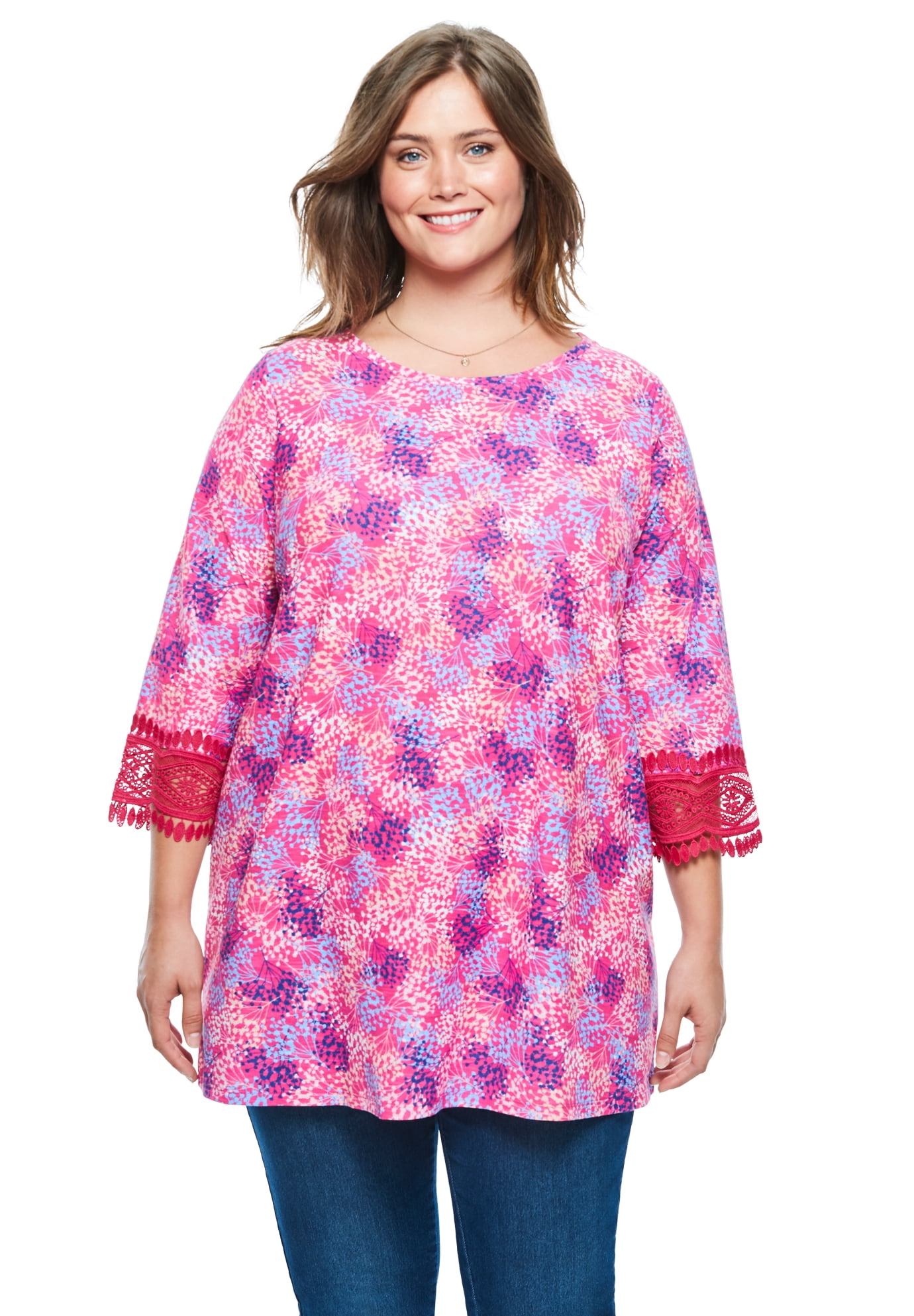 Woman Within Women's Plus Size Crochet-Trim Three-Quarter Sleeve Tunic ...