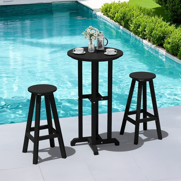 JUSTLET 3-Piece Patio Bar Set, HDPE Outdoor Bistro Furniture with 1 Bar Height Table and 2 Swivel Stools, Weather-Resistant for Bistro, Poolside or Indoor Use,Black