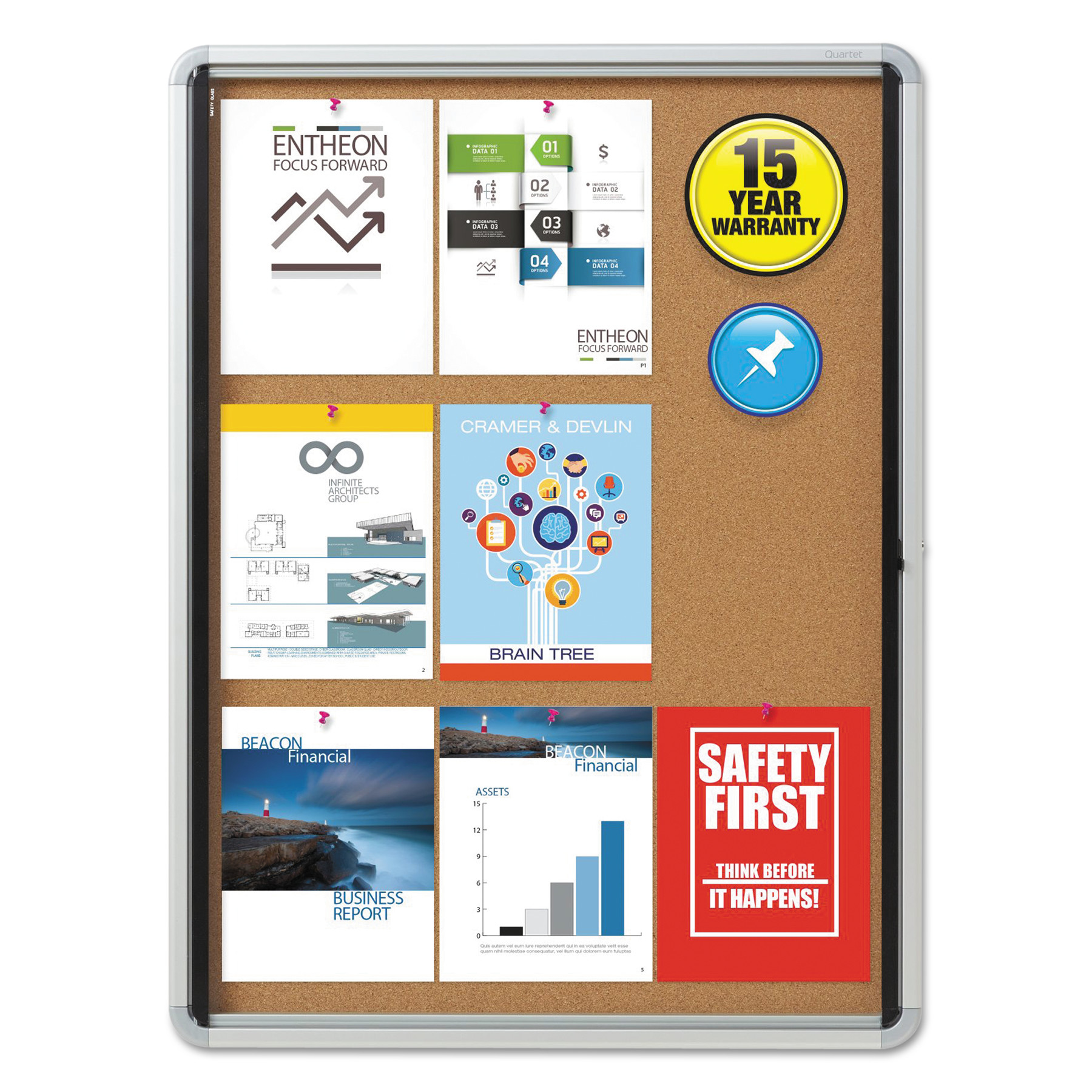 Quartet Enclosed Cork Bulletin Board w/Swing Door, 30 x 39, Silver