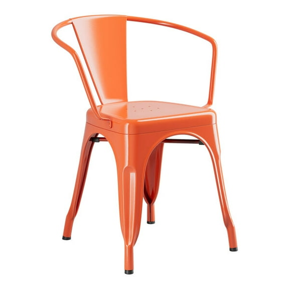 Cafe Style Stackable Orange Metal Restaurant Dining Arm Chair For Indoor or Outdoor Use.