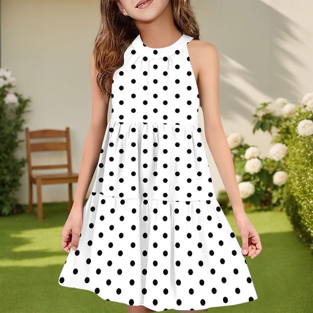 QTBIUQ Robe Patchwork Sans Manches à Pois pour Fille, Col Rond, avec Camisole et Poche, Décontractée, Quotidienne, Polyvalente, pour Vacances, Fête, Jeu, Ensemble d'Été, Style Mignon et Concis (Blanc, 7-8 Ans)