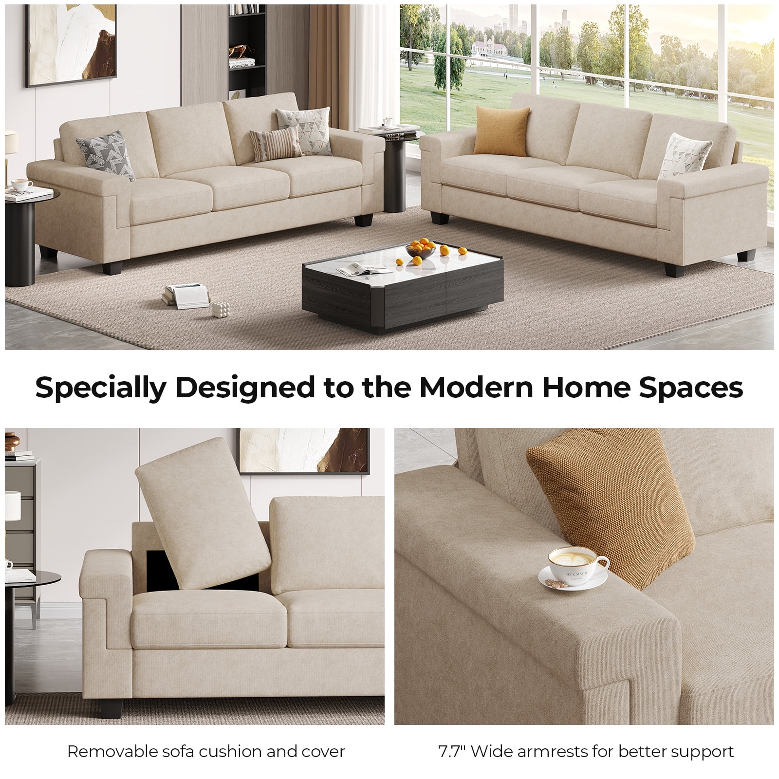 90" Sofa Couch, Modern Upholstered Sofa 3 Seater Sofa For Living Room Apartment Office