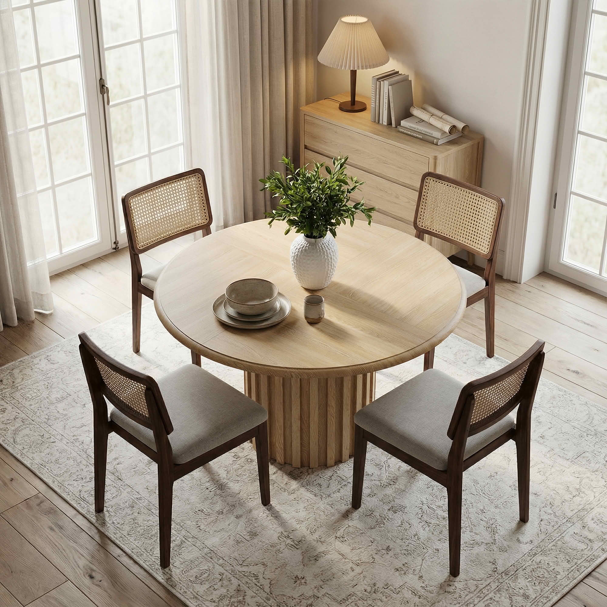 MAYEERTY 47.24 Inch Farmhouse Round Dining Table for 4 to 6 People, Wooden Look Dinner Table with Reinforced Metal Pedestal Base for Kitchen Dining Room