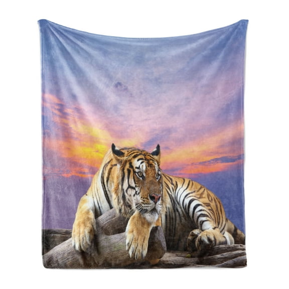 Safari Soft Flannel Fleece Throw Blanket, Tiger Lying on Wood Blue Sky Colorful Sunset Pose Strpies Claws, Cozy Plush for Indoor and Outdoor Use, 70" x 90", Lavender Mustard, by Ambesonne