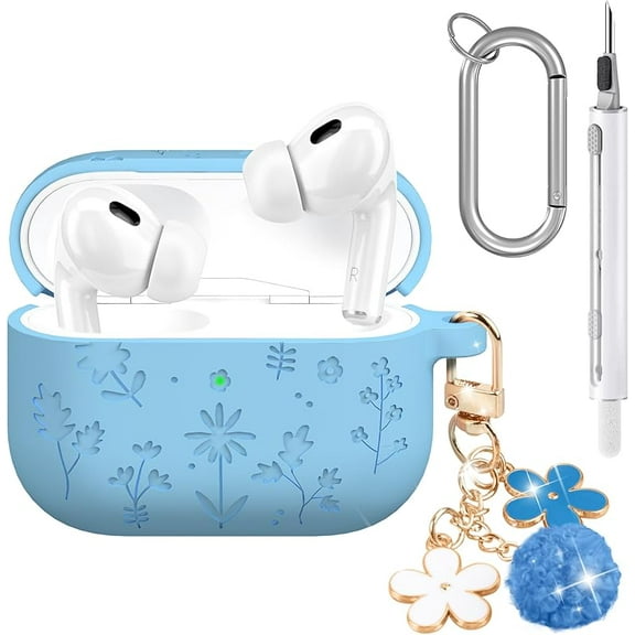 Compatible with AirPods Pro 3 Case 2025 Cute with Cherry Blossom Keychain and Cleaning Kit, Soft Silicone Shockproof Flower Engraved Cover Compatible with AirPod Pro 3 Case Cover