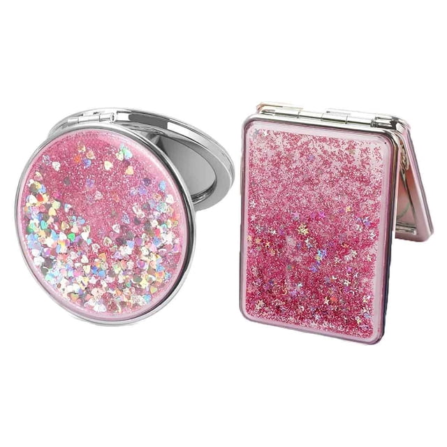 Mini espejo de tocador plegable redondo y cuadrado, regalo de cumpleaños perfecto, espejo de arena movediza portátil rosa, compacto de doble cara para niñas y mamá