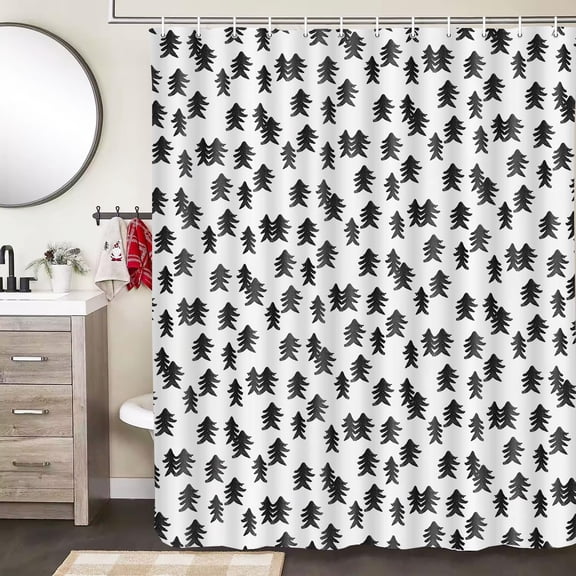 Winter Shower Curtain Black and White Christmas Tree Winter Snow Forest Bathroom Decor Pine Tree Bath Curtain Winter Nature Scene Xmas Holiday Hooks Included 72X72IN