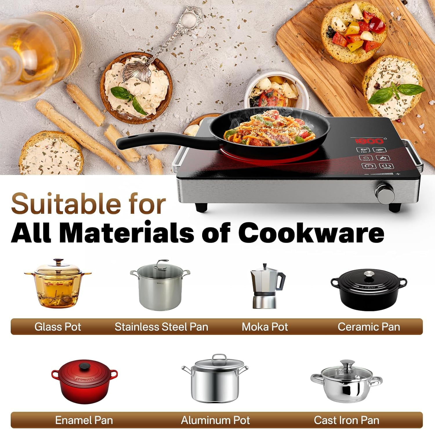1800W Portable Electric Ceramic Cooktop with Timer & Touch Control, 11 Heat Levels Single Burner Non-Induction Hot Plate for All Cookware, Black