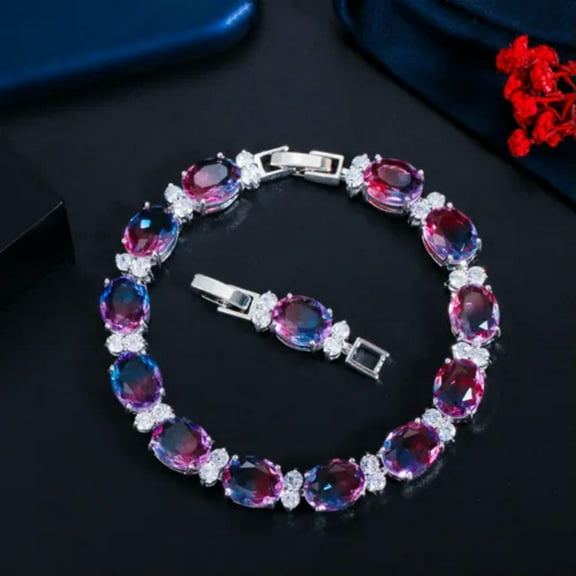 Beauty Big Oval Blue Rainbow Fire Cubic Zirconia Tennis Bracelet for Women Party