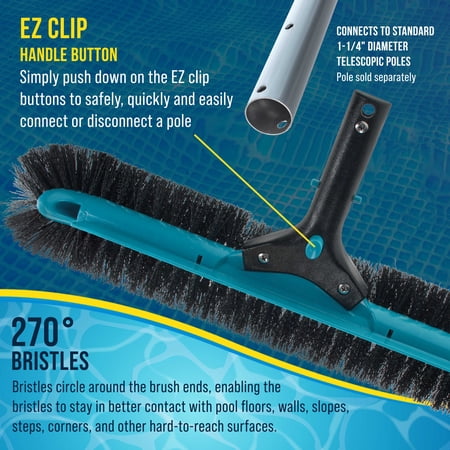 U.S. Pool Supply Professional 18 Heavy-Duty Floor & Wall Pool Brush with 270 Degrees of Durable Nylon Bristles - Reinforced Handle, Scrub Clean Corners, Steps, Leaves Debris - Safe for Vinyl Liners
