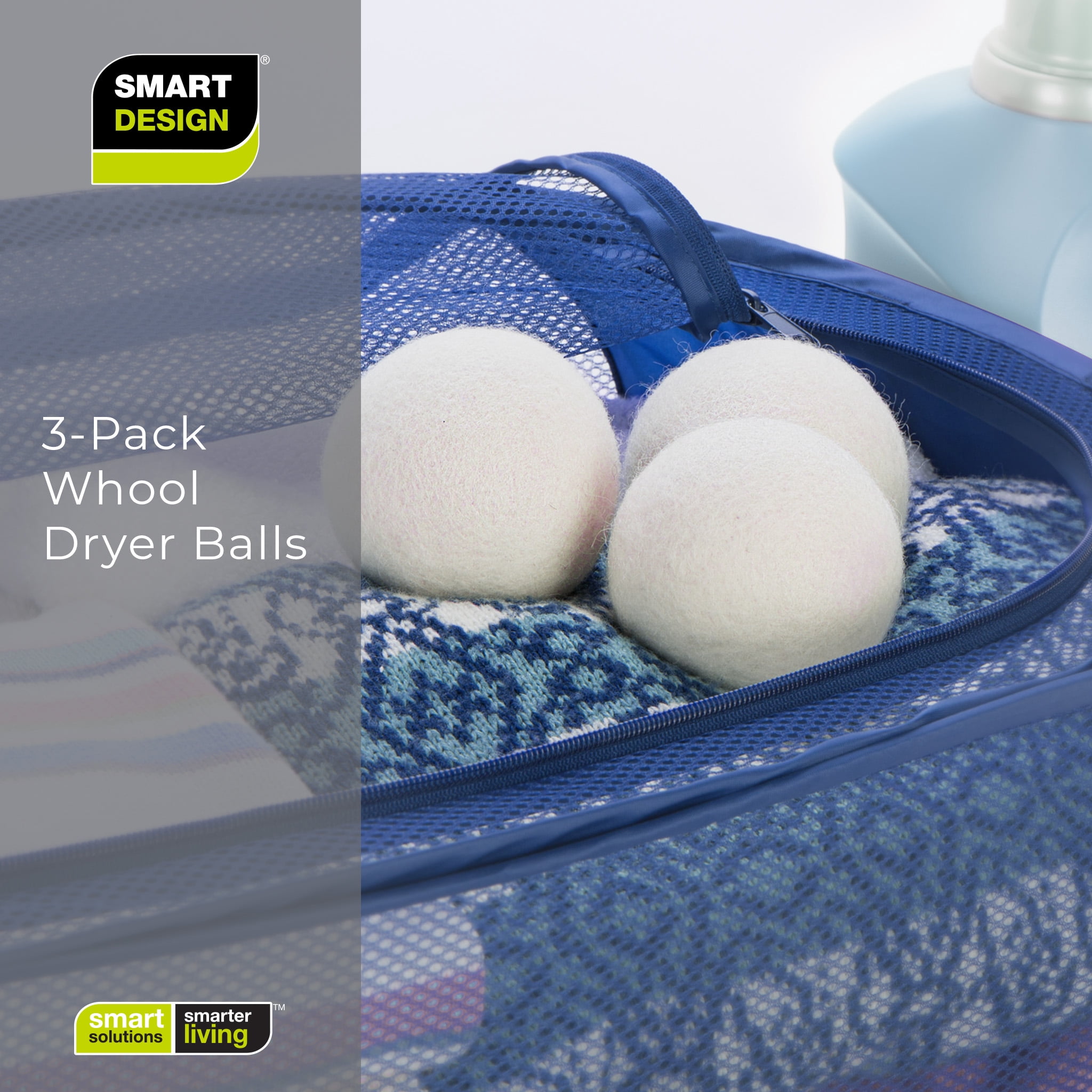Smart Design Wool Dryer Balls - Natural Eco Fabric Softener - Eliminates Wrinkles & Reduces Static - Set of 3 - White