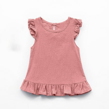 Piuwrlz Round Neck T-Shirts Children s Girls Short Sweatshirt Sleeve Fashionable Solid Color Lace Cotton Shirt Top Pink Size 2 Years