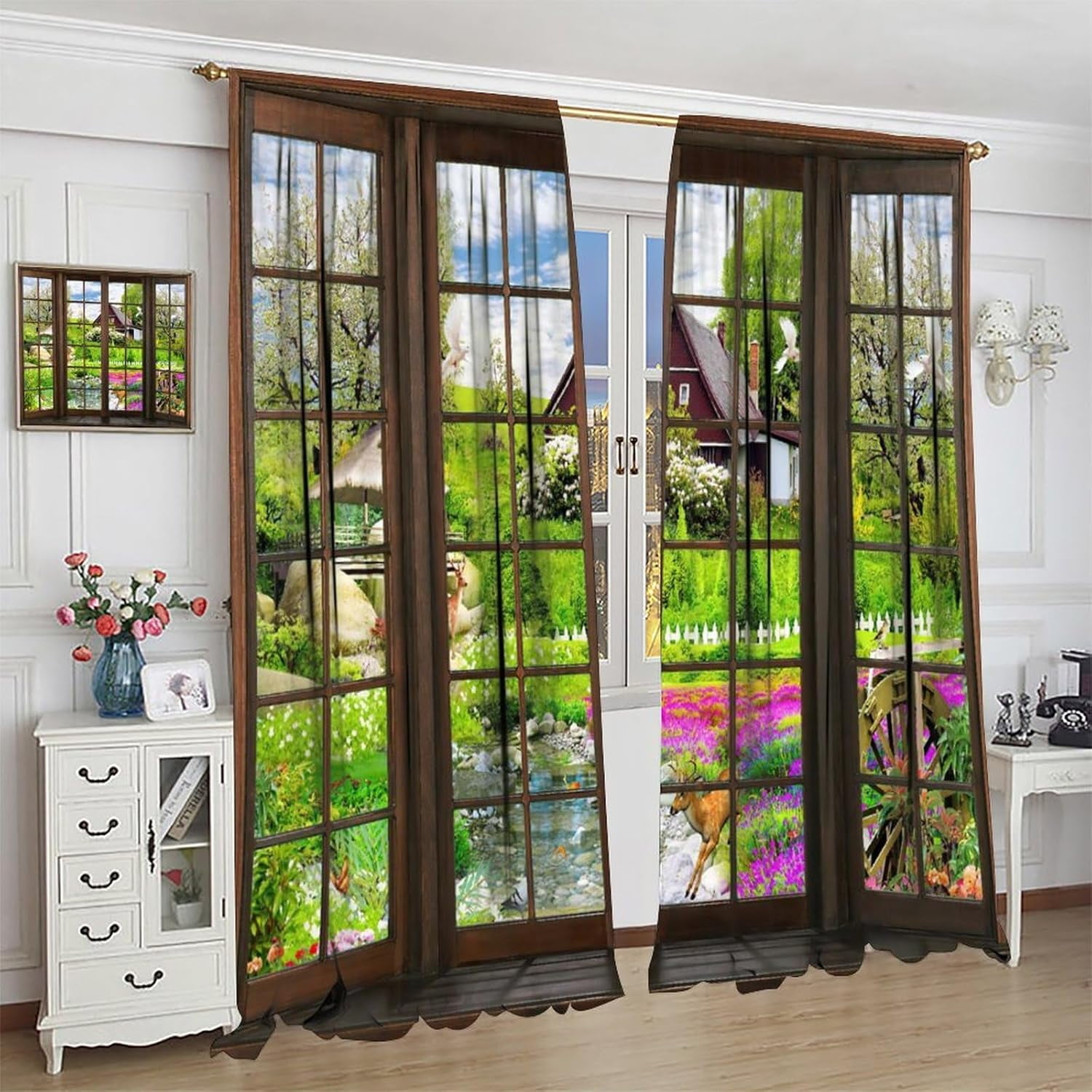 Landscape Curtains, Windows in Farmhouse Hut Wildlife Woods Creek Nature Landscape, Blackout Noise Reduction Curtains for Bedroom Living Room, 2 Panel Set,84X84 Inch, Style-5