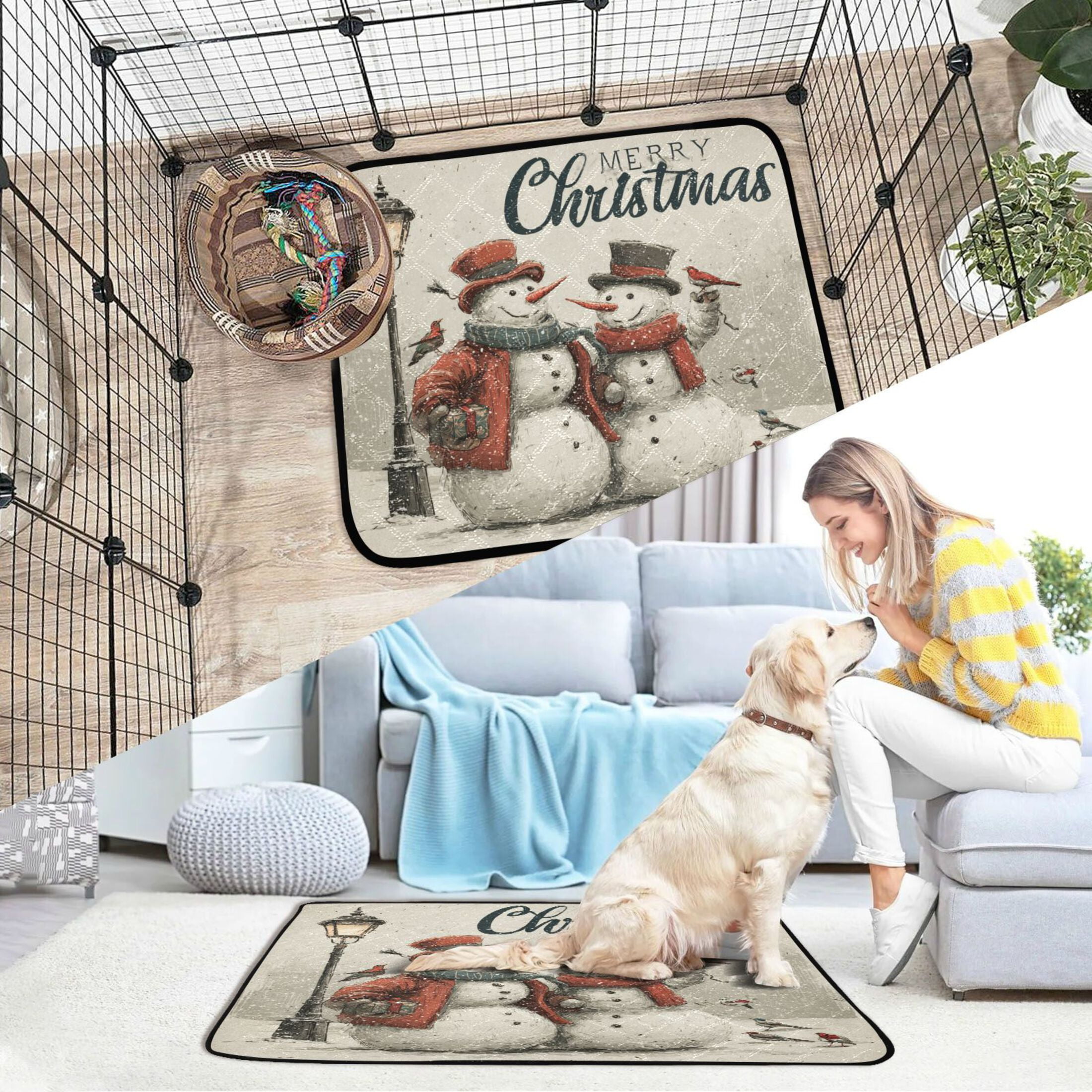 Qxltty Vintage Snowmen Cat litter Pads Pet Set of 2 Diaper Mats Center Anti-leakage Layer Absorbent Soft and Comfortable