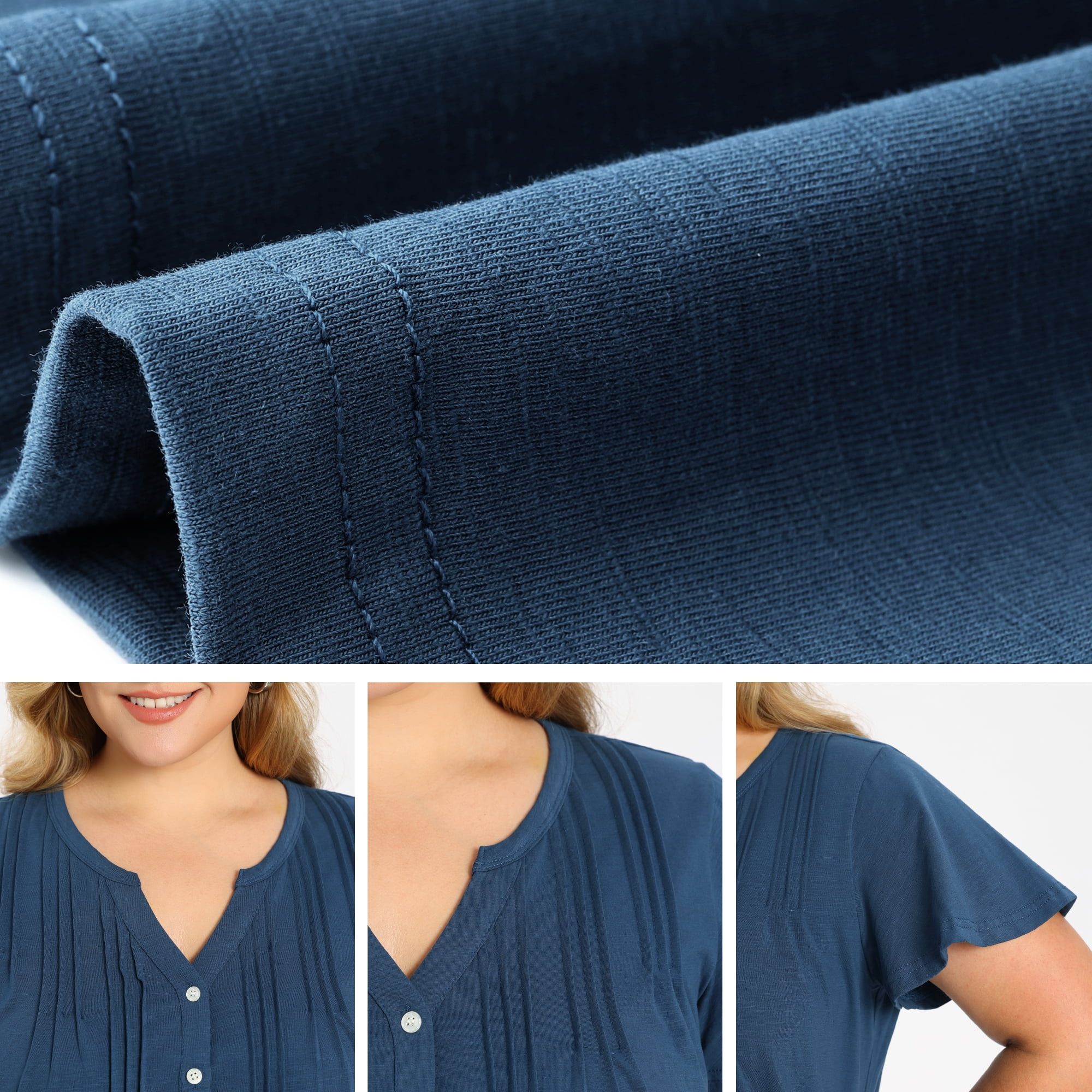 Women's Plus Women's Work Tops Button Notch Neck Ruffle Sleeve Casual Blouse 4X Dark Blue