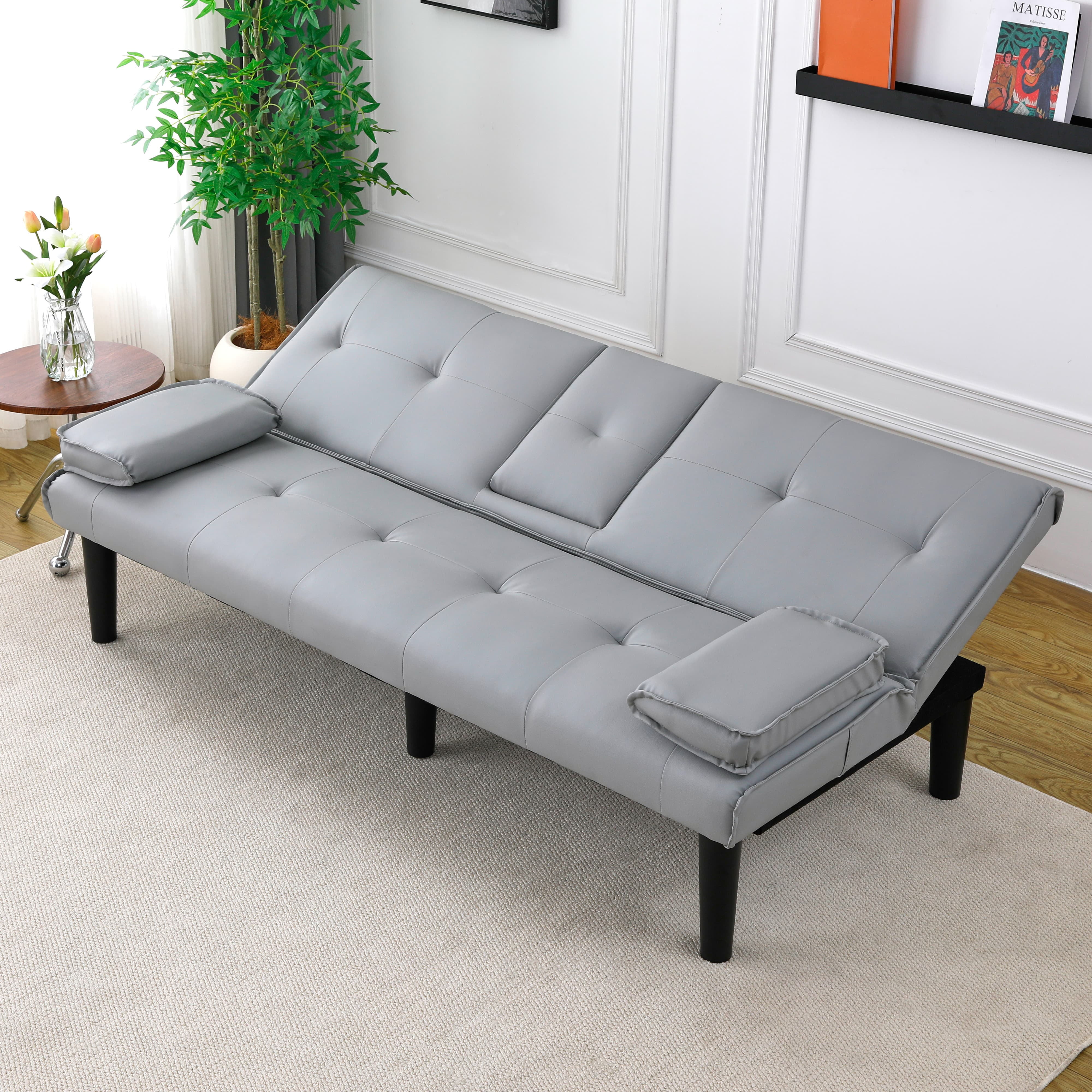 MAYEERTY 67" Convertible Sofa Bed PVC Loveseat Sofa with Cup Holder for Apartment, Living Room, Small Space, Light Gray